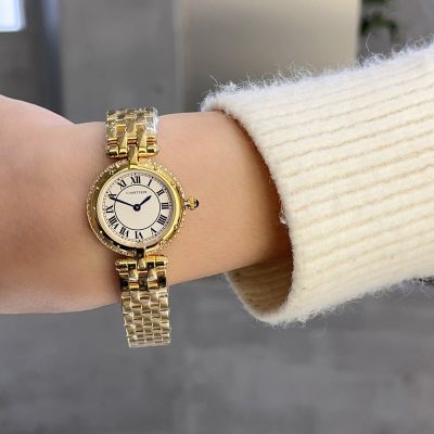 Cartier Fake Watches 27MM France Vintage White Dial Gold Strap with Diamonds Lady Watch